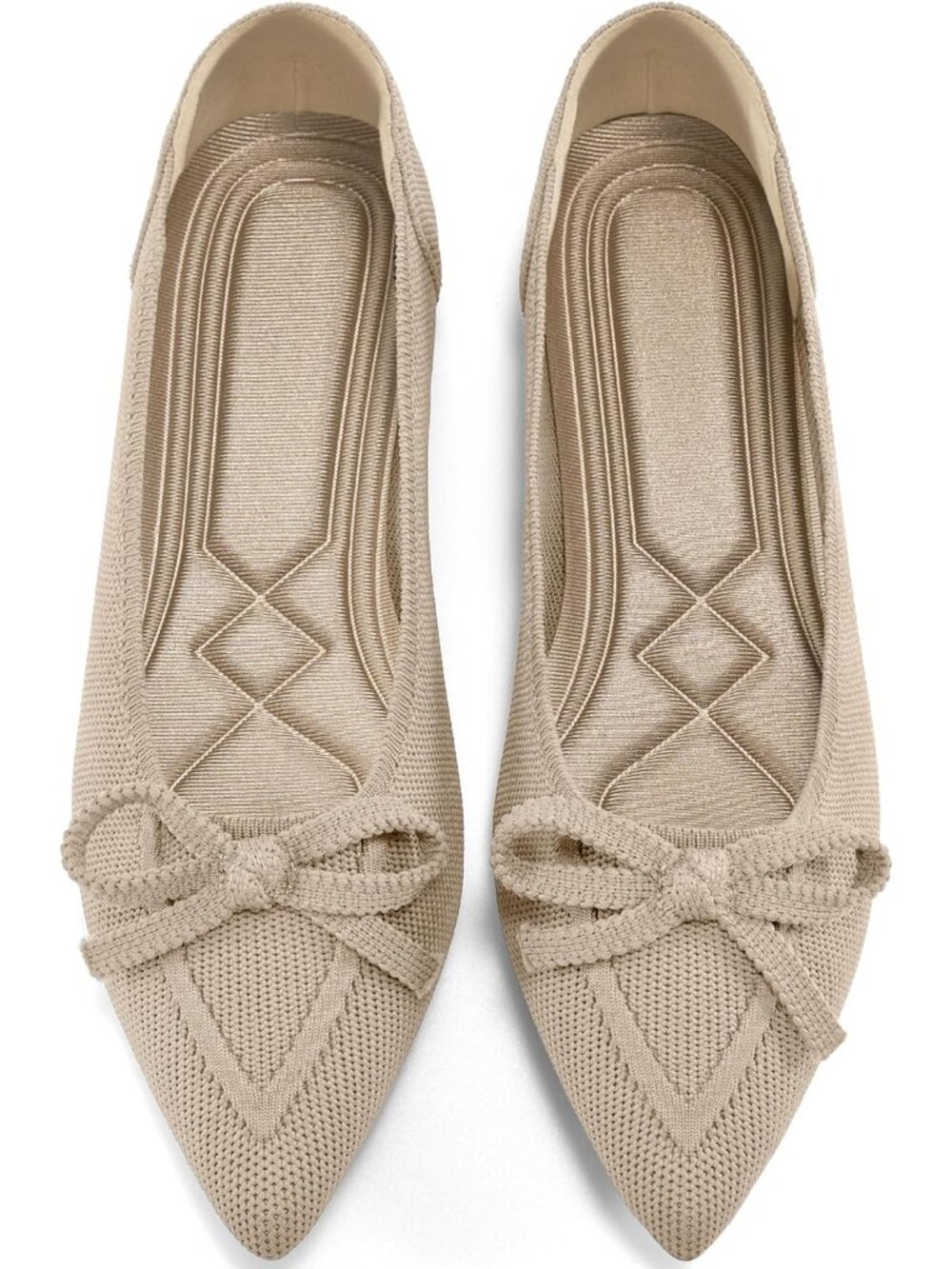 Women's Beige Ballet Flats Pointed Toe Bow Knit Comfortable Slip On Casual Shoes